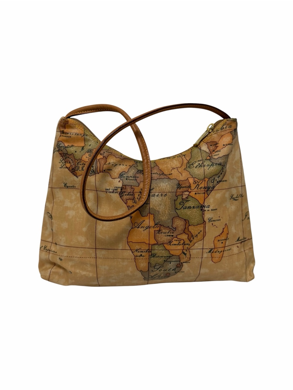 Alviero Martini Pattern Map Tan/Multi Coated Cotton Shoulder Handbag - Picture 2 of 9